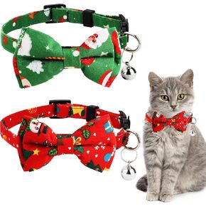 2pcs Christmas Cat Collar with Bells and Bow Tie, Detachable Adjustable Cat Collar Breakaway Cute Kitten Collar for Cats Puppy (Red Snowman + Green Santa Claus)