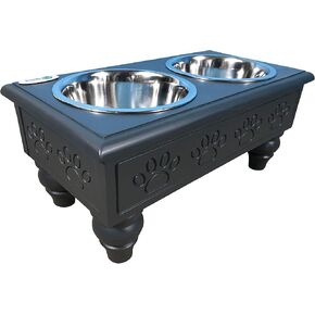 Iconic Pet Sassy Paws Raised Wooden Pet Double Diner with Stainless Steel Bowls for Dogs In Varying Sizes & Colors (Charcoal Gray - 32 oz)