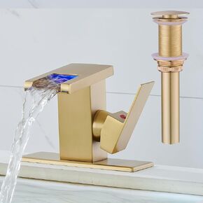 LED Bathroom Sink Faucet, Brushed Nickel Waterfall Single Hole Handle Vanity Faucets for Sinks 1 Hole with Metal Pop Up Drain and 2 Water Supply Lines, Side Handle