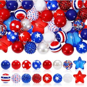 Whaline 50pcs 20mm من 4 يوليو الخرز مجموعة الاستقلال الوطني Bubblegum Beads 16 Star Star Round Mixed Beads Red Blue White Spacer حبة بلاستيكية لمجوهرات صنع لوازم الحرف البوتيك