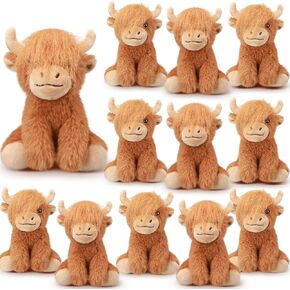12 Pcs Highland Cows Stuffed Animal Scottish Stuffed Highland Cow Plush 6 inch Realistic Cattle Decor Doll for Stress Relief Boys Girls Birthday Favors Gifts Forest Party Decor(Brown)
