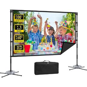 Outdoor Projector Screen and Stand,XINLEMY 100-inch Portable Wrinkle-Free Indoor Projection Screen Foldable Black Backing 16:9 HD Movie Screen Setup Quick for Home Theater Backyard Party Camping