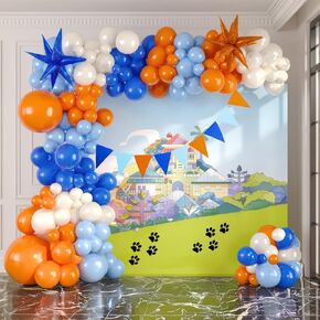 Cartoon balloons Orange and Blue 130+pcs with Orange and Blue Banner for Birthday Baby Shower Graduation Engagement grad party decorations