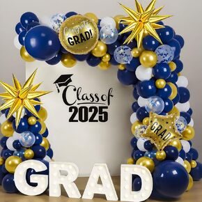 2025 Graduation Balloon Arch Garland Kit, 18" 10" 5" Navy Blue Gold White Balloons for Congrats Grad Decorations College High School Class of 2025 Party Supplies