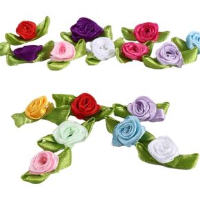 100pcs multiclor mini ripbon rose زخرفة زهرة ، وبراعم من نسيج الساتان مع الأوراق ، والورود الملونة المختلطة خياطة القطع والزينة لشرائط النسيج ديكور سترة سترة