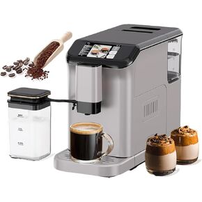 Fully Automatic Espresso Coffee Machine with Milk Frother, 8-In-1 Coffee Maker with TFT Touchscreen & Removable Water Tank, 20 Bar Pump Pressure 15 Adjustable Grind Levels Cappuccino Machine