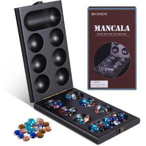 لعبة Wooden Mancala Game Game Set Classic Table مع 72+8 Bonus Multicolored Glass Stones للأطفال والكبار.