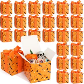 Ireer 50 Pack Halloween Treat Boxes with Lids 4 x 4 x 4 Inches Halloween Kraft Gift Boxes with Ribbons Bags Bulk Halloween Candy Box for Halloween Party Favor Supplies