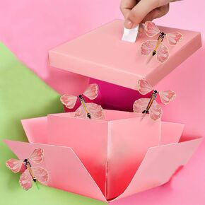 مربع هدايا الانفجار في Laudawsun Pink Butterfly ، ففجرات هدايا تفجر ، فشاكة الطيران ، مفاجأة ، هدايا عيد ميلاد الفراشة ، صندوق عيد ميلاد مع 4 أجهزة كمبيوتر سهلة تحلق ، هدايا عيد الميلاد (وردي)