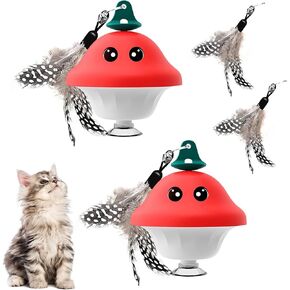 ألعاب القطط التفاعلية Aerbee مع كوب شفط ، 2pcs ألعاب القطط الفطر اللطيفة للقطط الداخلية ، استبدال ريشة واقعية قابلة للفصل مع أجراس للحيوانات الأليفة لممارسة هريرة البالغين ، الأحمر