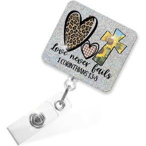 Love Never Fails Retractable Glitter Badge Reel with Alligator Clip, Funny Inspirational Badge Holder for Nurse Medical Office Worker, Religious Valentines Christian Gifts for Nursing Teacher