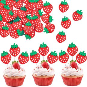 ephlyn 25pcs red strawberry cupcake toppers strawberry fruit party cupcake cupcake for birth