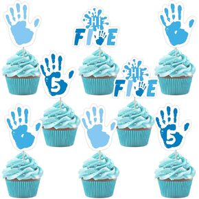 Funmemoir High Five Birthday Party Decorations Boy - 36PCS Hi Five Cupcake Toppers, Blue 5th Birthday Decorations for Boys, High Five Cake Decorations for 5 Year Old Birthday Party