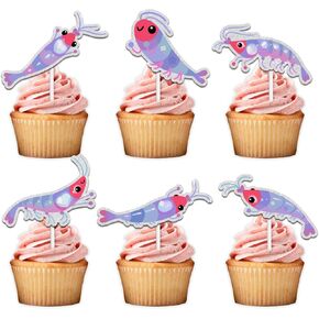18pcs Blue Glitter Shrimp Dessert Cupcake Topper Pick for Creature Creature Shrimp Theme Decor Supplies Men Women Happy Birthday Wedding Anniversary Party Decorations
