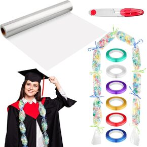 تخرج 200 قدم من طقم صنع LEI Candy LEI تشمل 16 بوصة × 200 قدم Cellophane Roll 6 Rolls Ribbon و Scissors for Treguation Girts Party Gift Lei Kit Supplies School