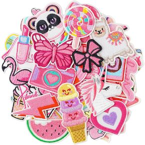25Pcs Pink Iron on Patches for Girls Assorted Random Styles Pink Embroidered Patches for Clothes Backpacks Jackets Hats
