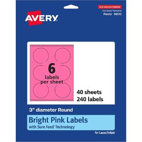 ملصقات مستديرة قابلة للطباعة AVERY مع تقنية الأعلاف المؤكدة ، قطرها 3 بوصات ، ملصقات وردية زاهية ، طباعة إلى الحافة ، ليزر/حبر ، 60 "