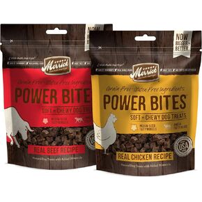 Merrick Power Bites Treats Free Dog Treats ، 2 النكهات (الدجاج والبقر الحقيقي تكساس) حزمة حزمة
