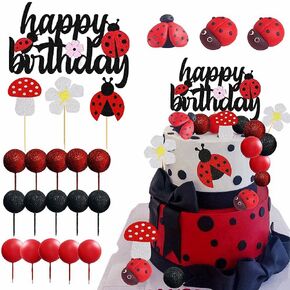 31 PCS الخنفساء كعكة Topper Red Black Ball Cake Cake Cake Topper for Ladybug Ladybug موضوع حفلة عيد ميلاد اللوازم