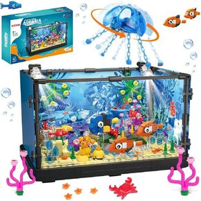 725 Piece Fish Tank Building Block Set,Movable Lighting Aquarium Building Toy for Adults and Kids,Including Ocean Jellyfish,Crab,Fish,Animal,Christmas Birthday Gifts for Boys Girls Ages 8-12+