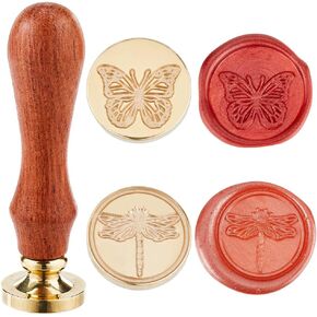 CRASPIRE 2PCS Butterfly Dragonfly 25mm النحاس الشمع رأس الختم ختم الرأس + 2PCS مقبض ختم الختم الخشبية