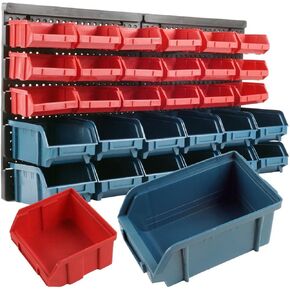 Wall-Mounted Garage Storage Bins - 30 Compartments for Garage Organization, Craft Supply Storage, Tool Box Organizer Unit by Stalwart (Red/Blue)