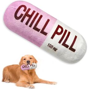 Funny Chill Pill Dog Toy, Squeaky Plush Capsule for Teething Puppies & Cats, Interactive Chew Gift with Bite-Resistant Design, Pet Lover Present, Training Supply & Photo Prop(Pink)