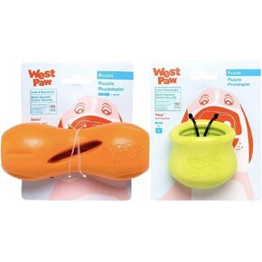 West Paw Zogoflex Qwizl Dog Puzzle Treat (Small ، Tangerine) و Zogoflex Toppl Treating Dispensing Dog Puzzle (صغيرة ، جدة سميث) - ألعاب مضغ تفاعلية للكلاب
