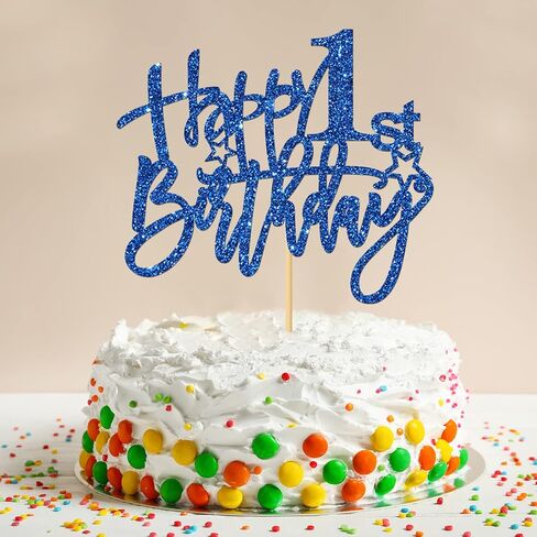 كعكة عيد ميلاد سعيدة الأولى - فتيل فتى فتى واحد سنة عيد ميلاد اللوازم - ديكورات حفلة عيد الميلاد الأولى - الأزرق بريق (الأول) in Kuwait