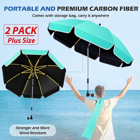 2Pack 48.8 inch Large Beach Umbrella with Clamp Sun Shade Umbrella for Beach Chair, 360°Adjustable UV Protection Golf Umbrella with Clip beach Umbrella for Beach Outdoor Patio Stroller Wheelchair in Saudi Arabia