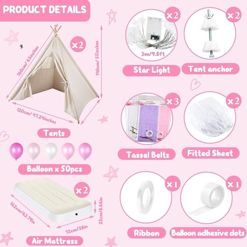 PLULON 4 Pack Teepee Tent for Kids Bulk Kids Sleepover Tents with Inflatable Airbed and Tent Decorations Play Tent Slumber Party Indoor Teepee Tents for Girls Boys Outdoor - White in Kuwait