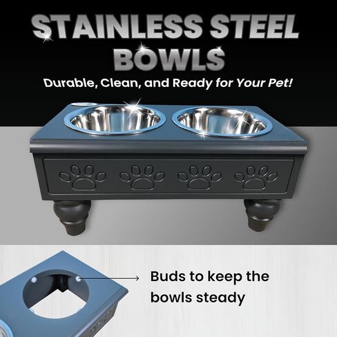 Iconic Pet Sassy Paws Raised Wooden Pet Double Diner with Stainless Steel Bowls for Dogs In Varying Sizes & Colors (Charcoal Gray - 32 oz) in Saudi Arabia