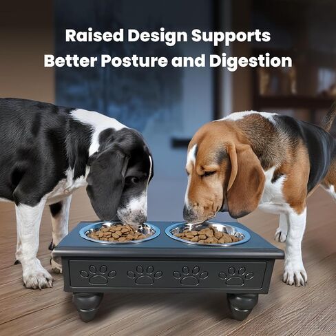 Iconic Pet Sassy Paws Raised Wooden Pet Double Diner with Stainless Steel Bowls for Dogs In Varying Sizes & Colors (Charcoal Gray - 32 oz) in Saudi Arabia