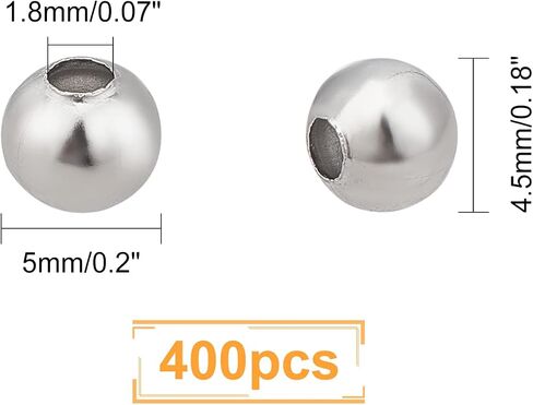 UNICRAFTALE About 400pcs 304 Stainless Steel Beads 5mm Round Spacer Charm Loose Metal Beads Tiny Smooth Beads for Necklaces Bracelets Jewelry Making 1.8mm Hole Stainless Steel Color in Saudi Arabia