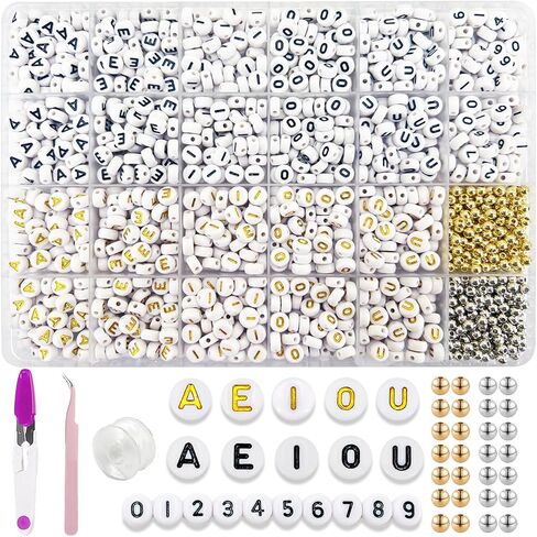 1500pcs Vowel Letter Beads (A, E, I, O, U) - 4x7mm Alphabet and Number Beads for Bracelets Making - 2 Styles Round With Gold Spacer (White) in Saudi Arabia