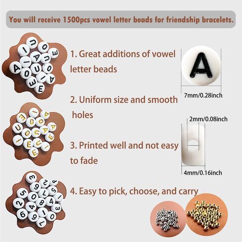 1500pcs Vowel Letter Beads (A, E, I, O, U) - 4x7mm Alphabet and Number Beads for Bracelets Making - 2 Styles Round With Gold Spacer (White) in Saudi Arabia