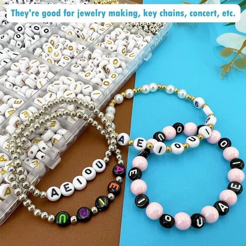 1500pcs Vowel Letter Beads (A, E, I, O, U) - 4x7mm Alphabet and Number Beads for Bracelets Making - 2 Styles Round With Gold Spacer (White) in Saudi Arabia