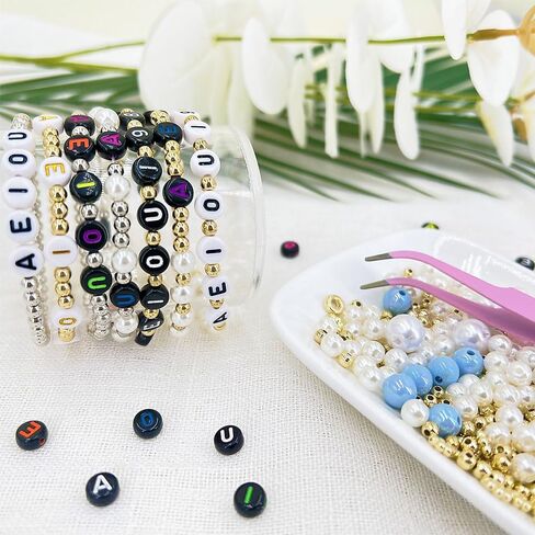 1500pcs Vowel Letter Beads (A, E, I, O, U) - 4x7mm Alphabet and Number Beads for Bracelets Making - 2 Styles Round With Gold Spacer (White) in Saudi Arabia