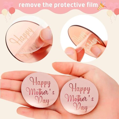 Crethinkaty 10 Pieces Happy Mother's Day Acrylic Cupcake Toppers Round Mirror Engraved Cake Topper Cupcake Decorations for Mother's Day (Rose Gold) in Saudi Arabia