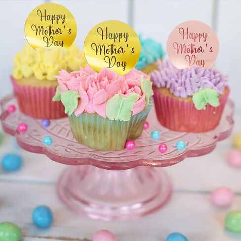 Crethinkaty 10 Pieces Happy Mother's Day Acrylic Cupcake Toppers Round Mirror Engraved Cake Topper Cupcake Decorations for Mother's Day (Rose Gold) in Saudi Arabia