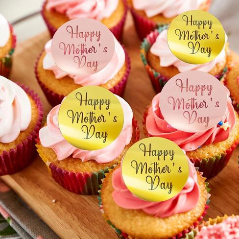 Crethinkaty 10 Pieces Happy Mother's Day Acrylic Cupcake Toppers Round Mirror Engraved Cake Topper Cupcake Decorations for Mother's Day (Rose Gold) in Saudi Arabia