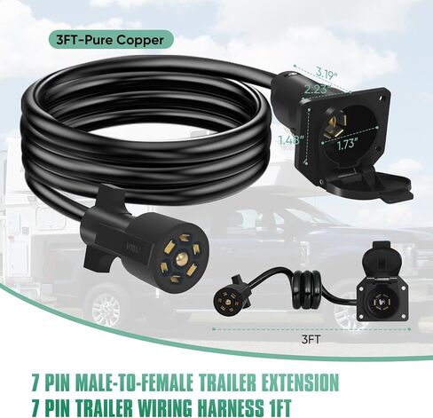 7 Pin Trailer Extension 1FT, Gooseneck Hitch 7 Way Trailer Plug Extension Heavy Duty 7 Pin Trailer Plug, Pure Copper Male-to-Female 7 Blade Trailer Connector for Rv Truck, Camper in Kuwait