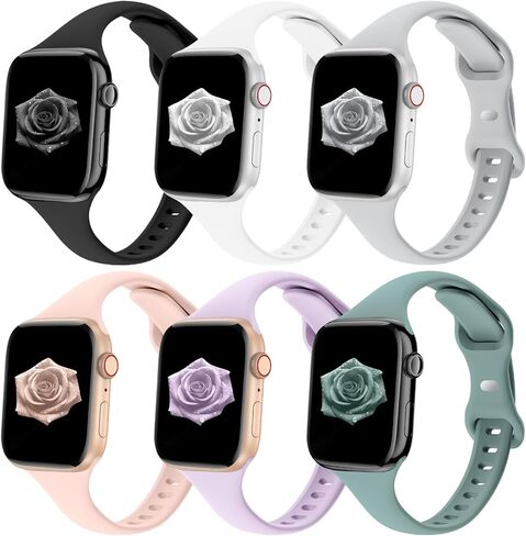 6 Pack Slim Thin Bands Compatible with Apple Watch 38mm 40mm 41mm 42mm 44mm 45mm 46mm 49mm Women Men, Replacement Soft Silicone Sport Strap for iWatch Series 11/10/9/8/7/6/5/4/3/2/1 Ultra SE in Saudi Arabia