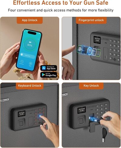 Billconch Smart Gun Safe for Multiple Pistols - Automatic Lock Safe Box | Biometric Handgun Safe for Money Valuables with LCD Display/Voice Guide, Quick Access Unlock with Fingerprint/Keypad/Key/App in Kuwait