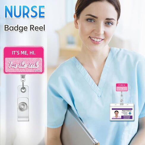 Plifal Tech ID Badge Bender حامل السحب - أنا مقطع التمساح الفني لممرضة التمريض ، وردة مضحكة أنا مرحبًا بكريليك. in Kuwait