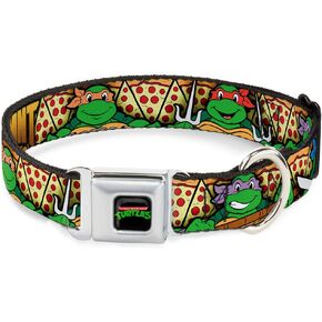 طوق الكلب حزام الأمان في مشبك - طوق الكلب - سلحفاة TMNT الكلاسيكية/شرائح البيتزا - 1 "عريض - يناسب 11-17" الرقبة - متوسطة