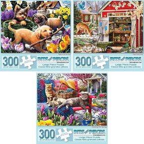 Bits and Pieces - Value Set of Three (3) - 300 Piece Jigsaw Puzzles for Adults - Spring Collection Large Piece Jigsaws by Artist Larry Jones - 18" x 24"