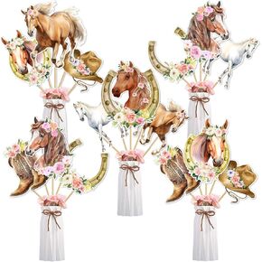 24pcs حصان مركزية العصي ديكورات الطاولة لفتاة ، لوازم حفلات عيد ميلاد الحصان ، وسباق حصان Western Western Cowgirl Pink Floral Centerples Toppers Decor