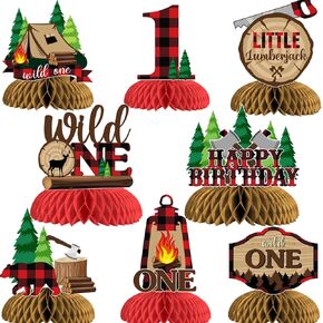 حطاب ديكورات عيد الميلاد الأولى - 8pcs Wild One Lumberjack Honeycomb Centerpaces ، Buffalo Plaid Hunting Camping Bear Woodland 1st عيد ميلاد ديكورات للبنين