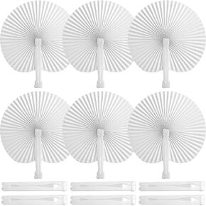 JOHOUSE 12PCS Folding Handheld Fans, White Paper Fans Bulk Round Shaped Accordion Fans with Plastic Handle for Wedding Birthday Party DIY Supplies